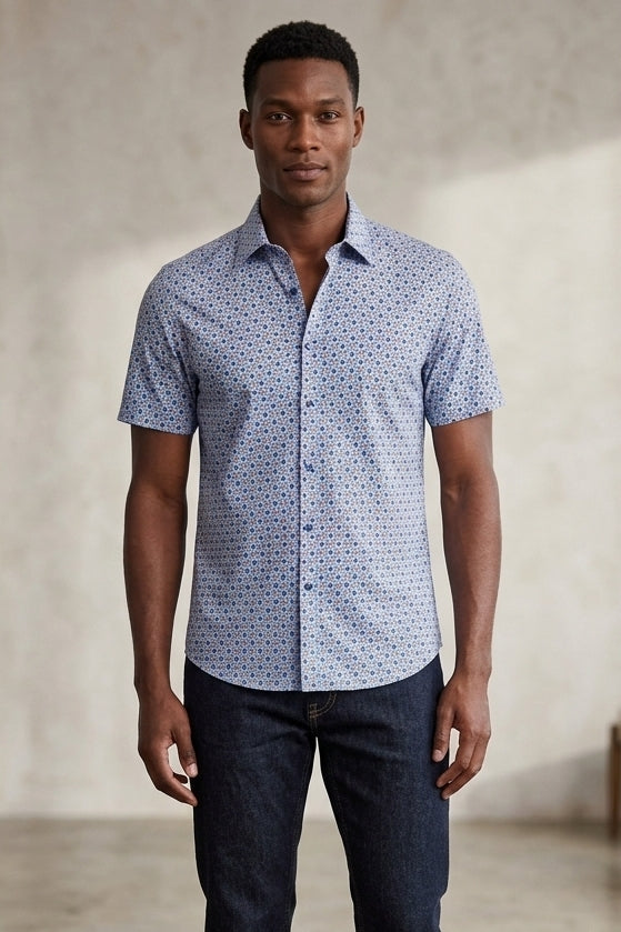 Wholesale,Paisley & Gray, Paisley & Gray Blue/Orange Geo Print Short Sleeve Shirt, Blue, Small-38-TagS