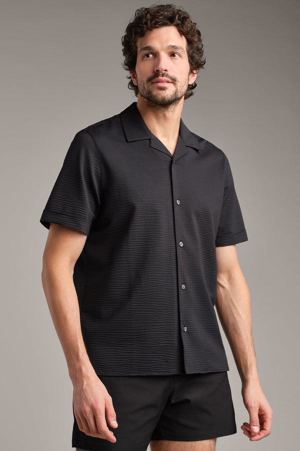 Rhone Black Seersucker Knit Camp Collar Shirt