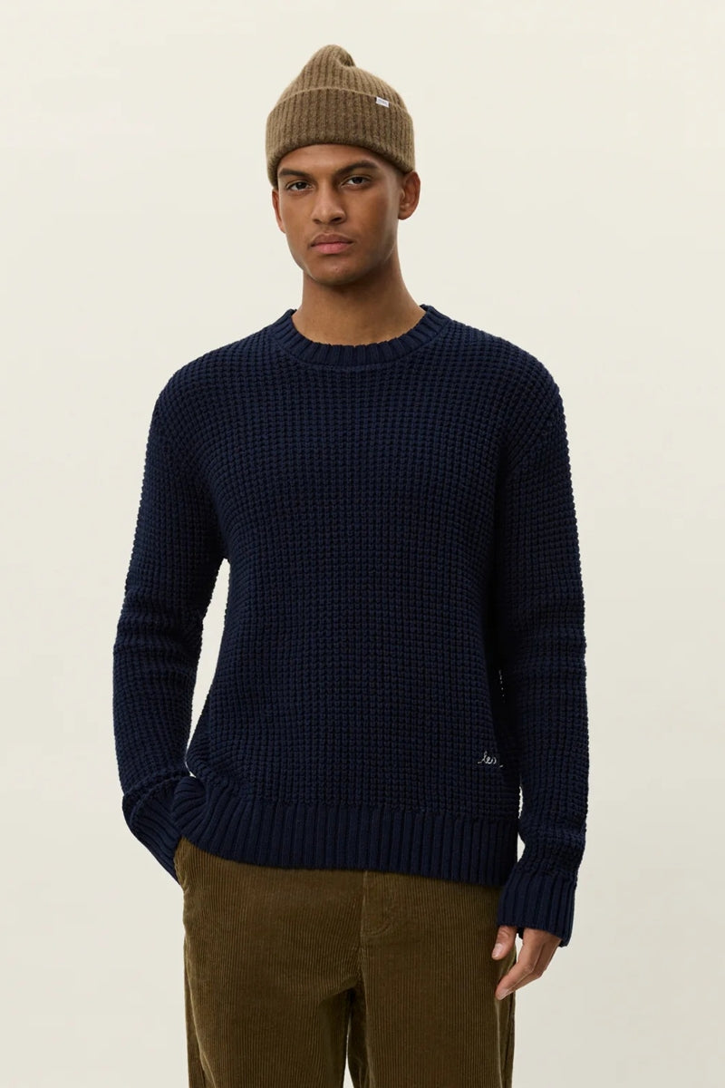 Wholesale,Les Deux, Les Deux Navy Waffle Weave Crewneck Knit Sweater, Blue, Small-46-TagS