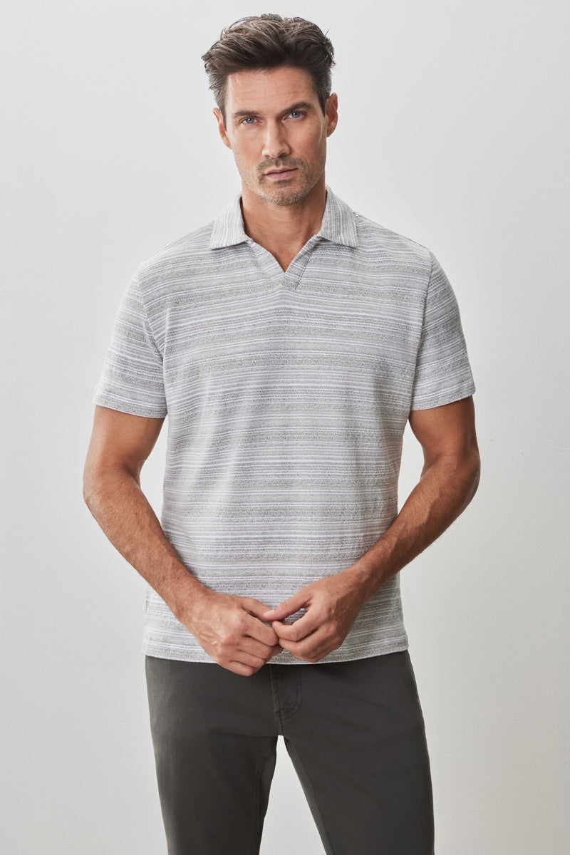 Wholesale,Robert Barakett, Robert Barakett Grey/Tan Abstract Stripe Knit Open Collar Polo, Grey, Medium-42-TagMLarge-44-TagLExtra Large-46-TagXLExtra Extra Large-49-TagXXLSmall-40-TagS