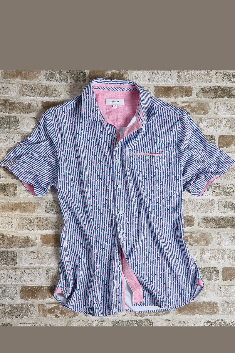 Wholesale,Nicoby Age of Wisdom, Nicoby Age of Wisdom Navy/Pink Flamingo Printed Striped Shirt, Blue, Large-47-TagL