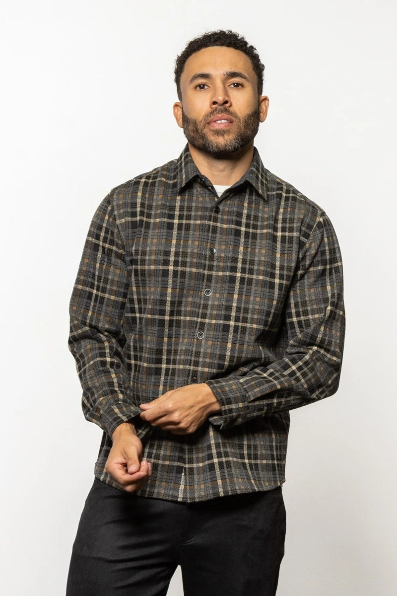 Wholesale,Mason Cruz, Mason Cruz Black/Tan Plaid Overshirt, Black, Small-42-TagSMedium-44-TagMLarge-46-TagLExtra Large-48-TagXLExtra Extra Large-51-TagXXL
