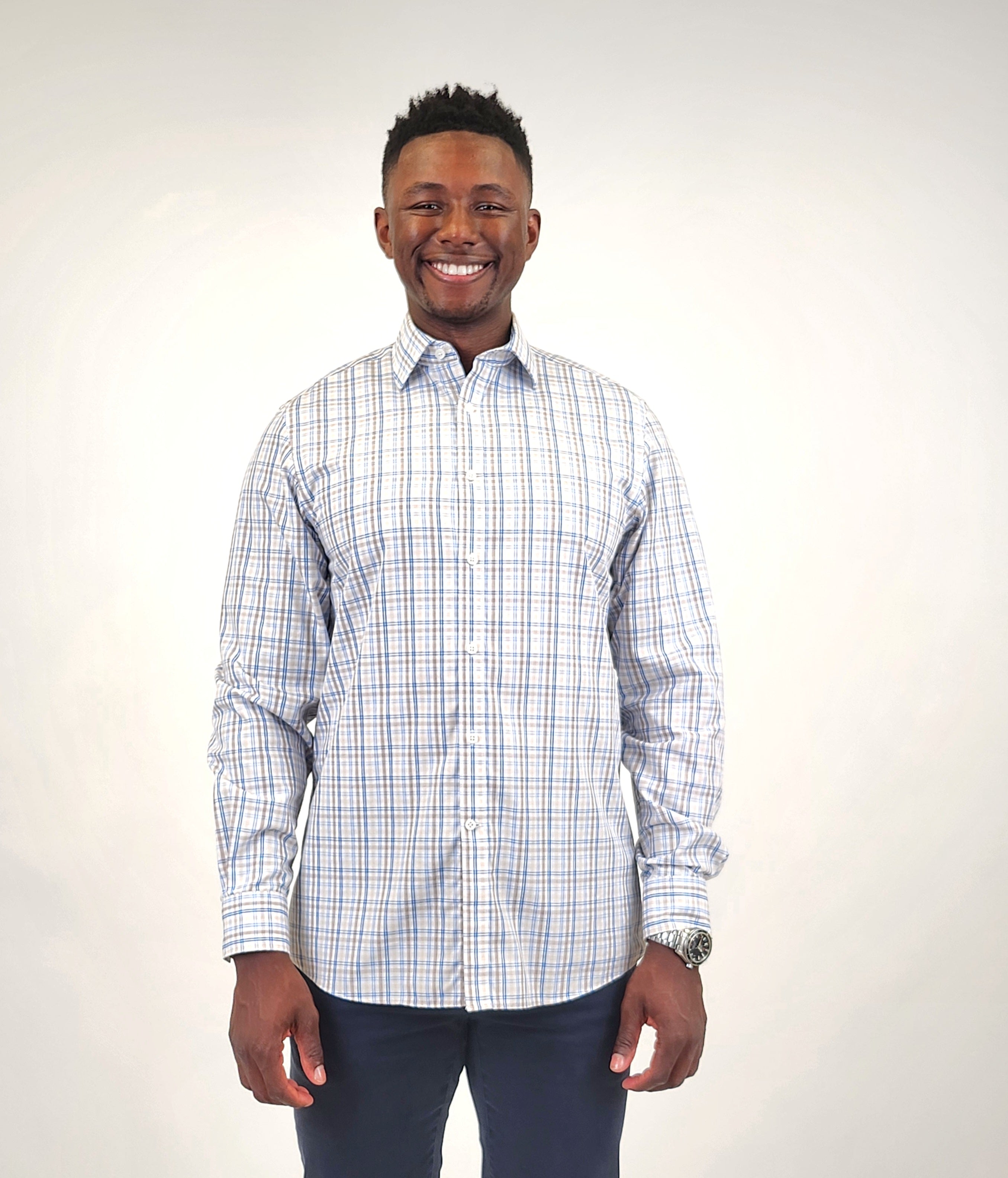 The RealReal,Michael Kors, Michael Kors Blue & Beige Plaid Print Button Up Shirt, Blue, Large-47-TagL