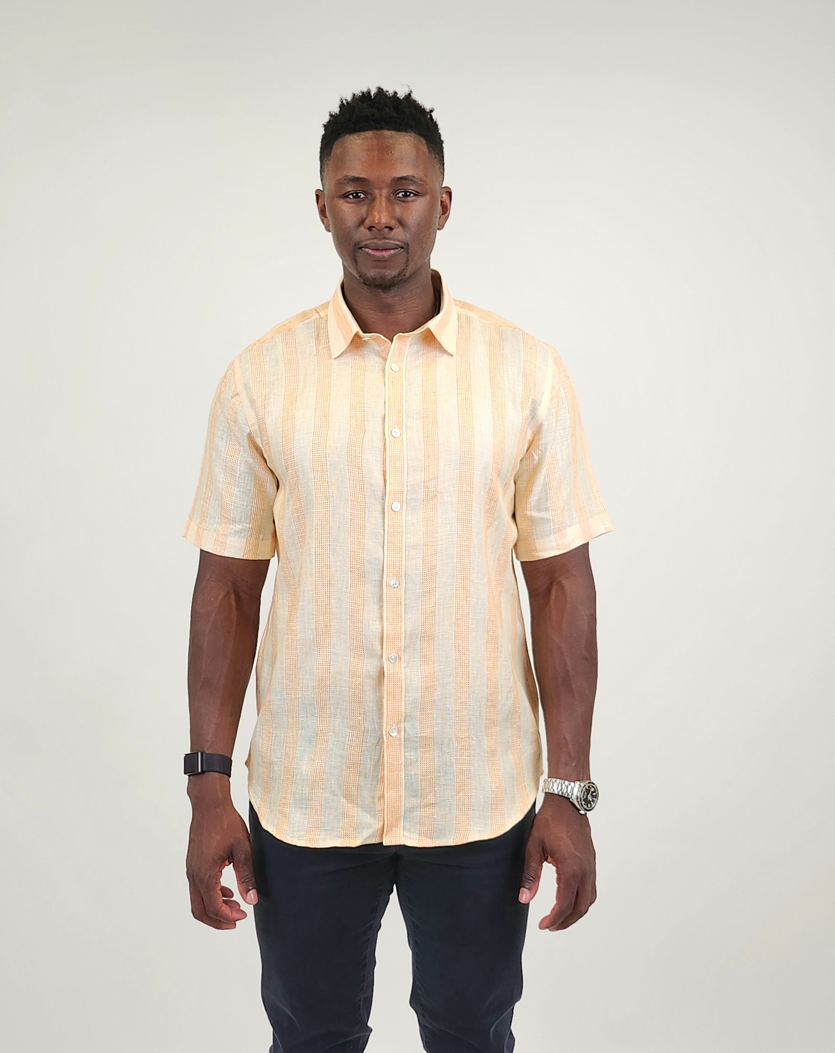 Brand Partner,Stitch Note, Stitch Note Orange Yarn Dyed Stripe The Redford Wide Interwoven Shirt, Orange, Large-45-TagLExtra Large-47-TagXLExtra Extra Large-49-TagXXLMedium-43-TagMSmall-41-TagS