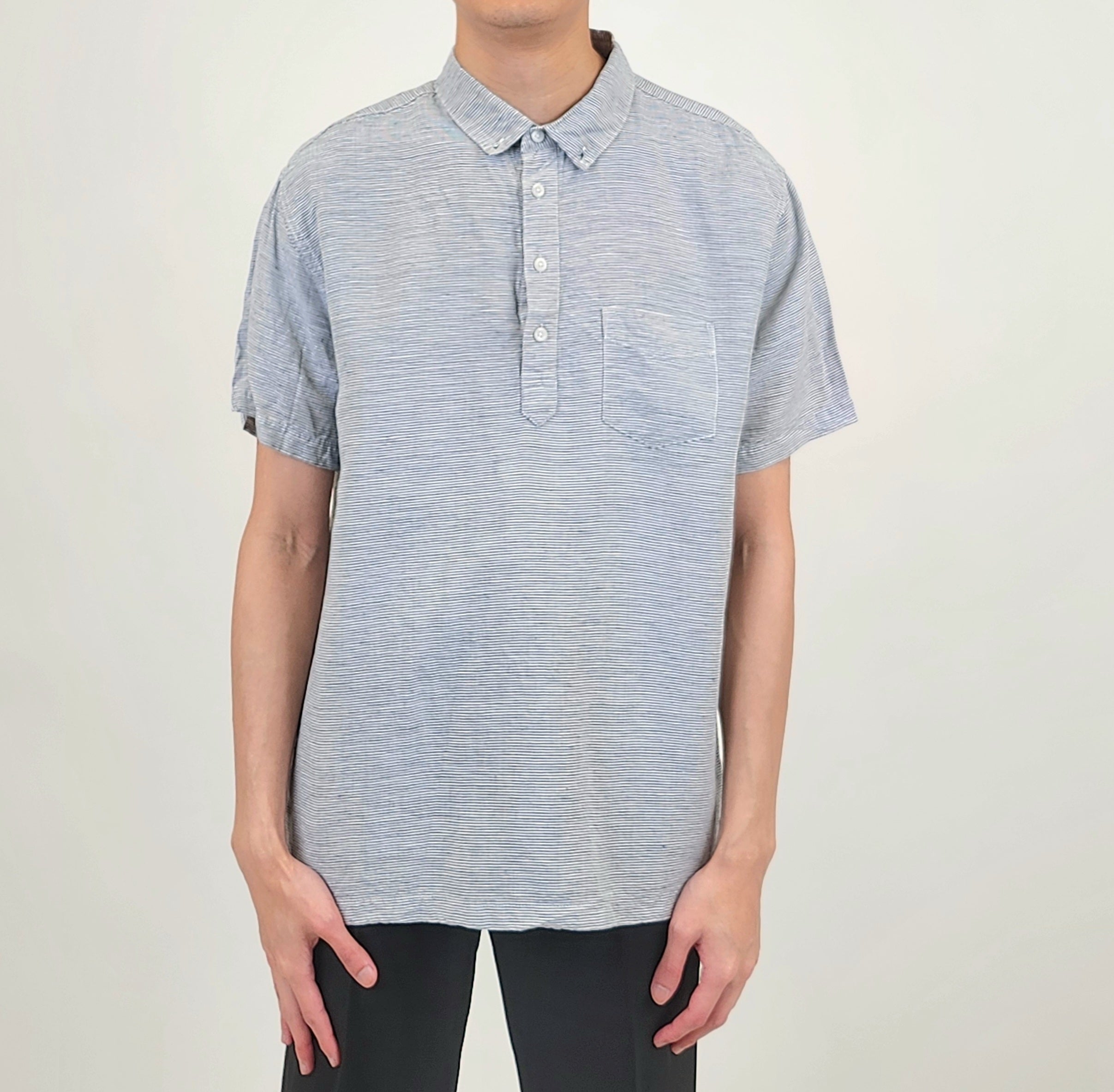 The RealReal,Onia, Onia Blue Micro Horizontal Stripe Linen Quarter Button Up Short Sleeve Shirt, Blue, Medium-44-TagL