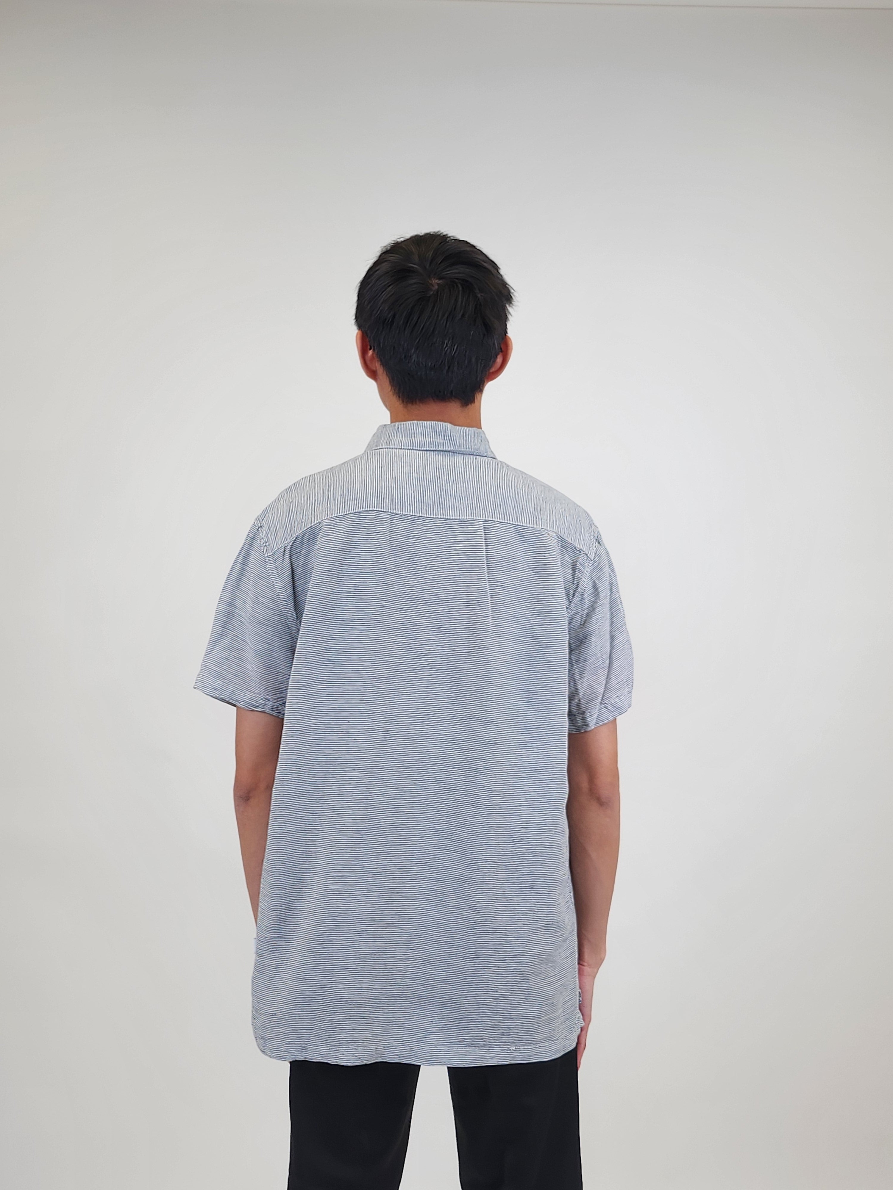 The RealReal,Onia, Onia Blue Micro Horizontal Stripe Linen Quarter Button Up Short Sleeve Shirt, Blue, Medium-44-TagL