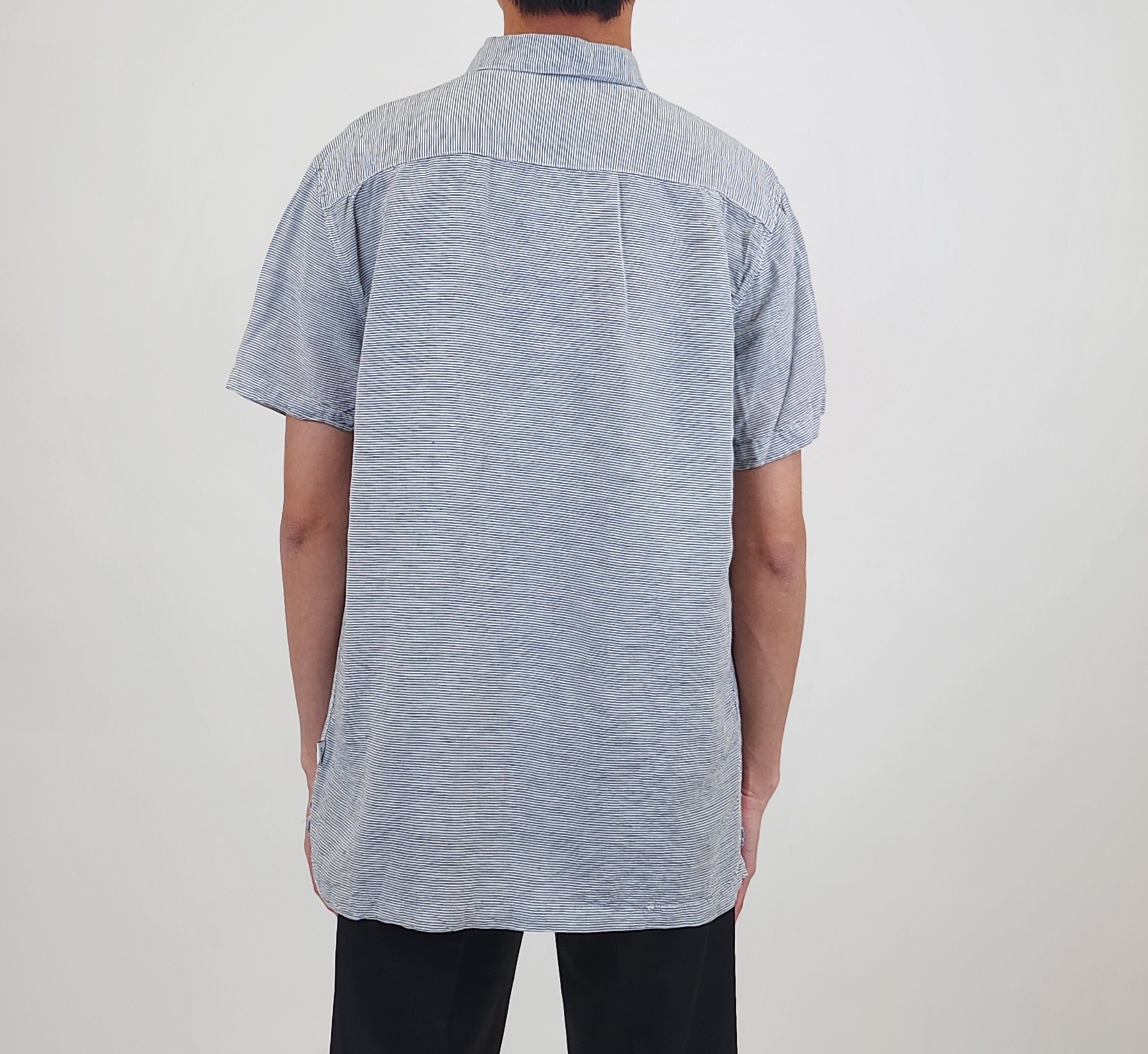 The RealReal,Onia, Onia Blue Micro Horizontal Stripe Linen Quarter Button Up Short Sleeve Shirt, Blue, Medium-44-TagL