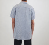 Onia Blue Micro Horizontal Stripe Linen Quarter Button Up Short Sleeve Shirt