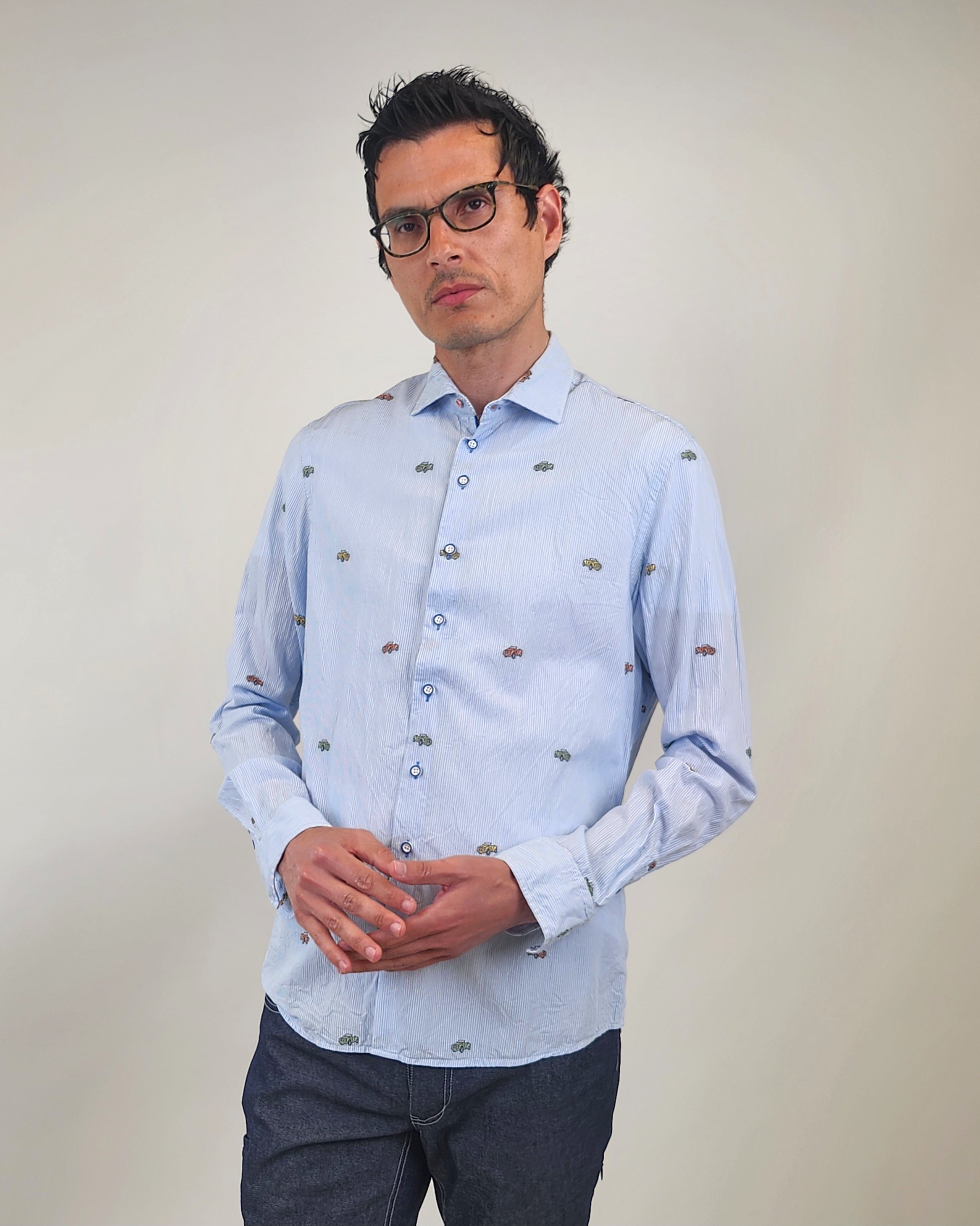 Brand Partner,R2 Amsterdam, R2 Amsterdam Light Blue Car Print Stripe Long Sleeve Button Up Shirt, Blue, Medium-42-Tag40