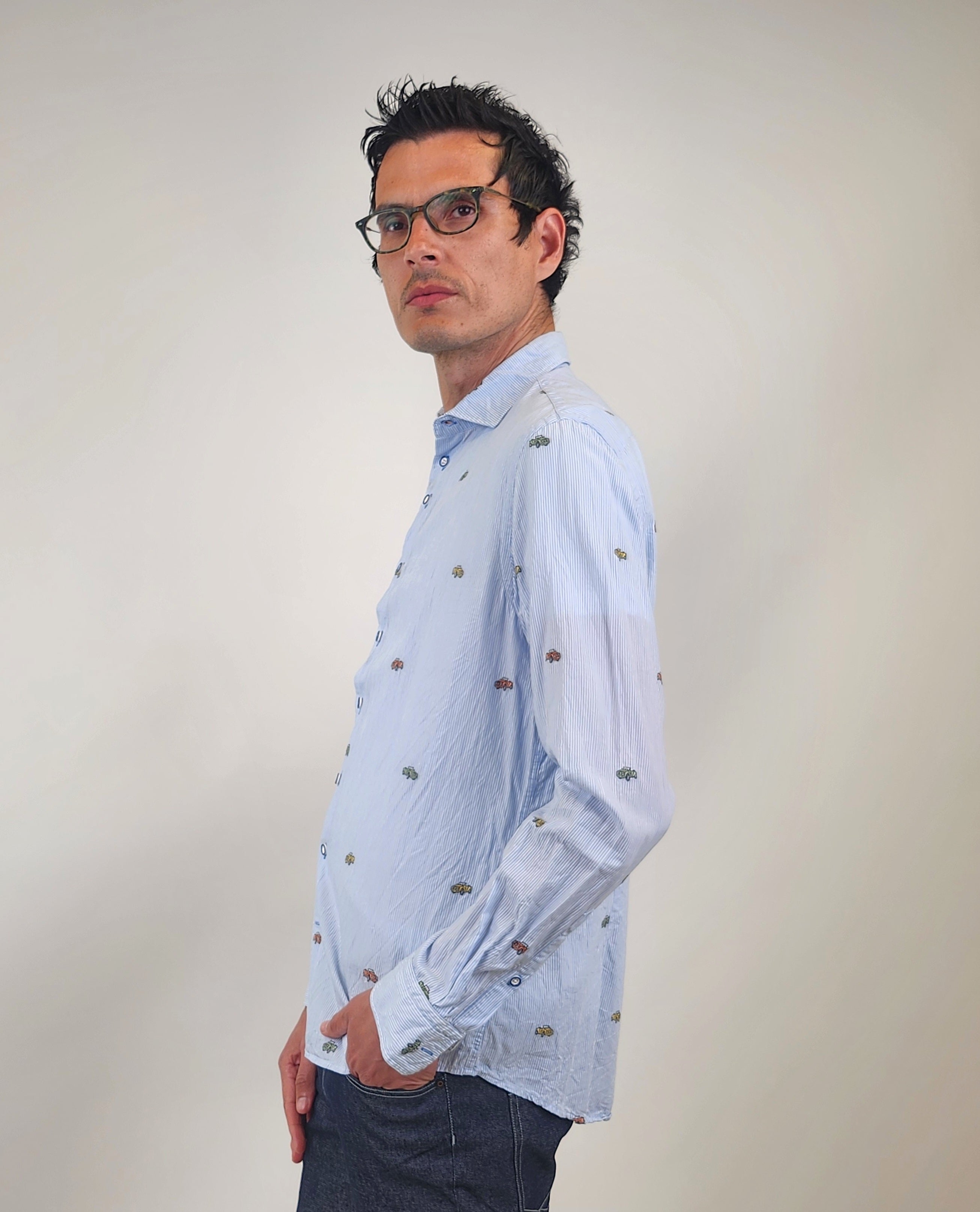 Brand Partner,R2 Amsterdam, R2 Amsterdam Light Blue Car Print Stripe Long Sleeve Button Up Shirt, Blue, Medium-42-Tag40