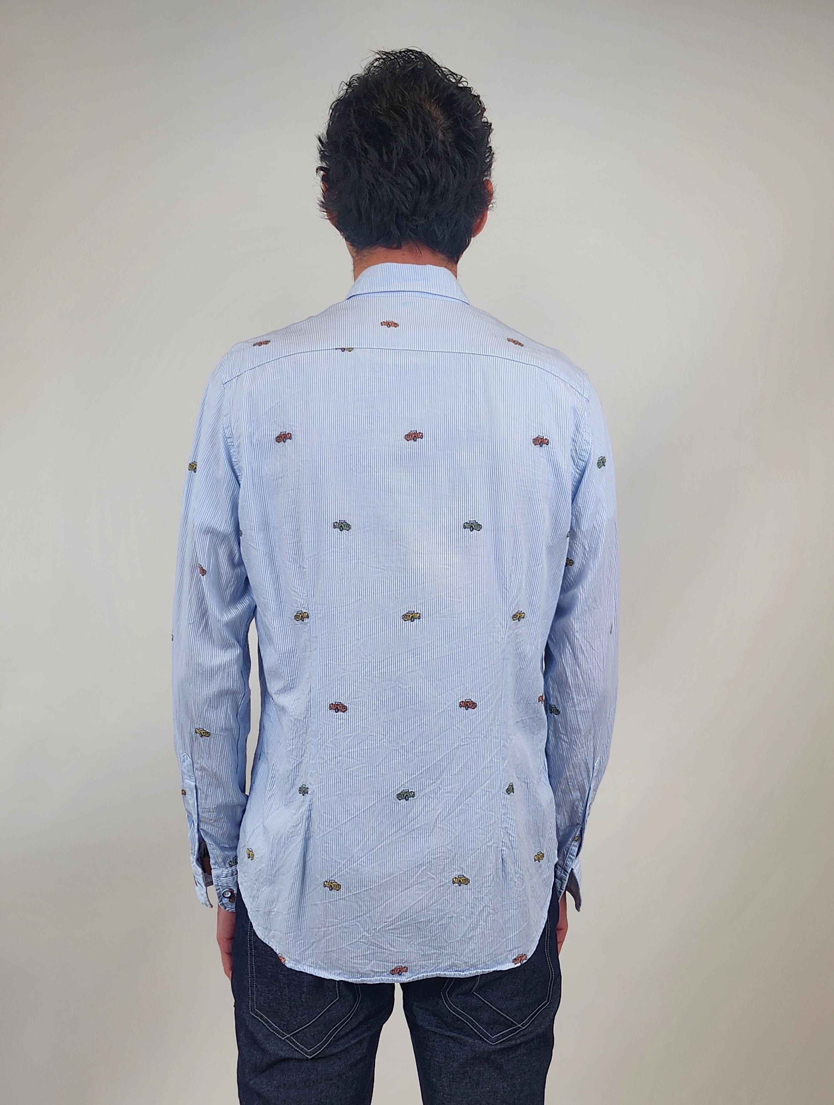 Brand Partner,R2 Amsterdam, R2 Amsterdam Light Blue Car Print Stripe Long Sleeve Button Up Shirt, Blue, Medium-42-Tag40