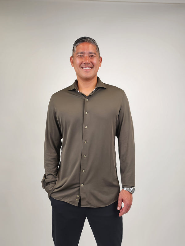 R2 Amsterdam Dark Green Knit Long Sleeve Button Up Shirt