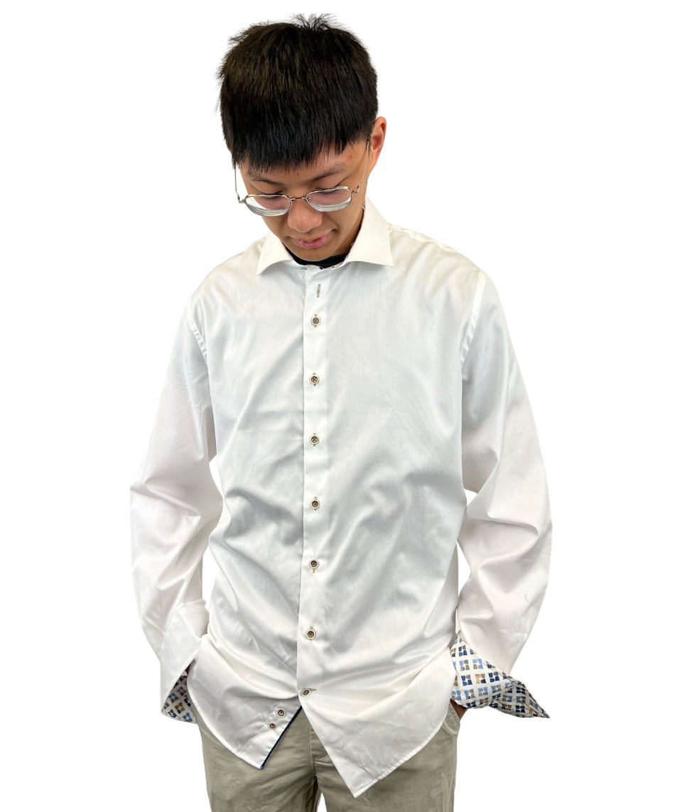 Brand Partner,R2 Amsterdam, R2 Amsterdam White 100% Organic Cotton Long Sleeve Shirt with Cup Print Contrast, White, Small-41-Tag39Extra Extra Large-54-Tag46