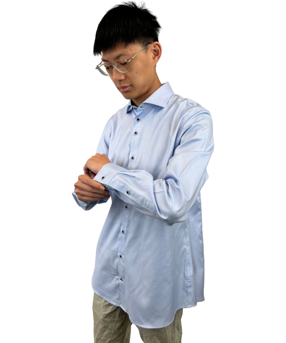 Brand Partner,R2 Amsterdam, R2 Amsterdam Light Blue Twill Long Sleeve Button Up Shirt with Star Print Contrast, Blue, Extra Large-48-Tag43