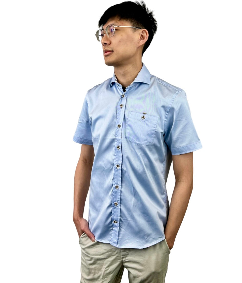 Brand Partner,R2 Amsterdam, R2 Amsterdam Light Blue Short Sleeve 100% Organic Cotton Shirt with Cup Print Contrast, Blue, Small-40-Tag38