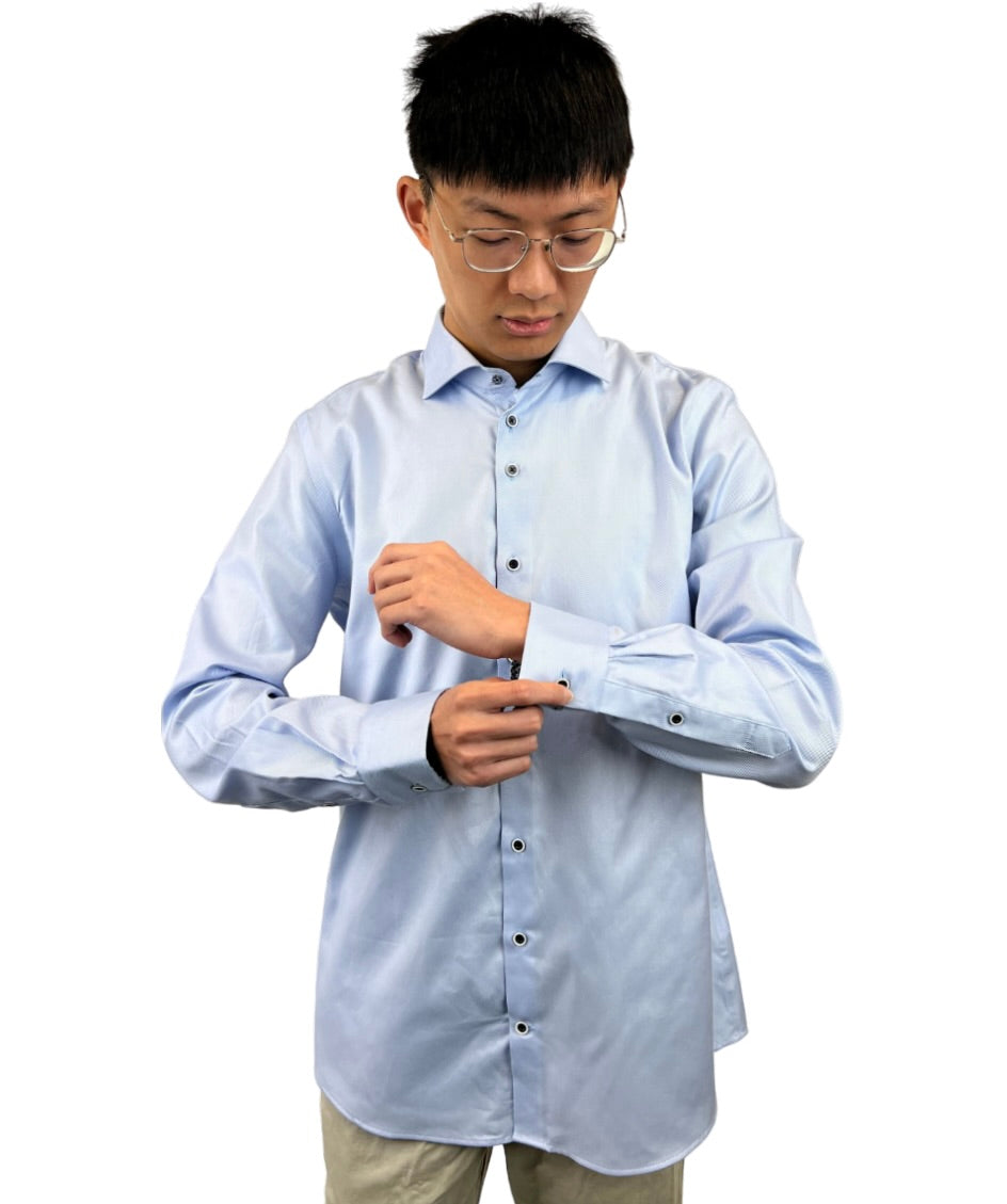 Brand Partner,R2 Amsterdam, R2 Amsterdam Light Blue Twill Long Sleeve Button Up Shirt with Star Print Contrast, Blue, Extra Large-48-Tag43