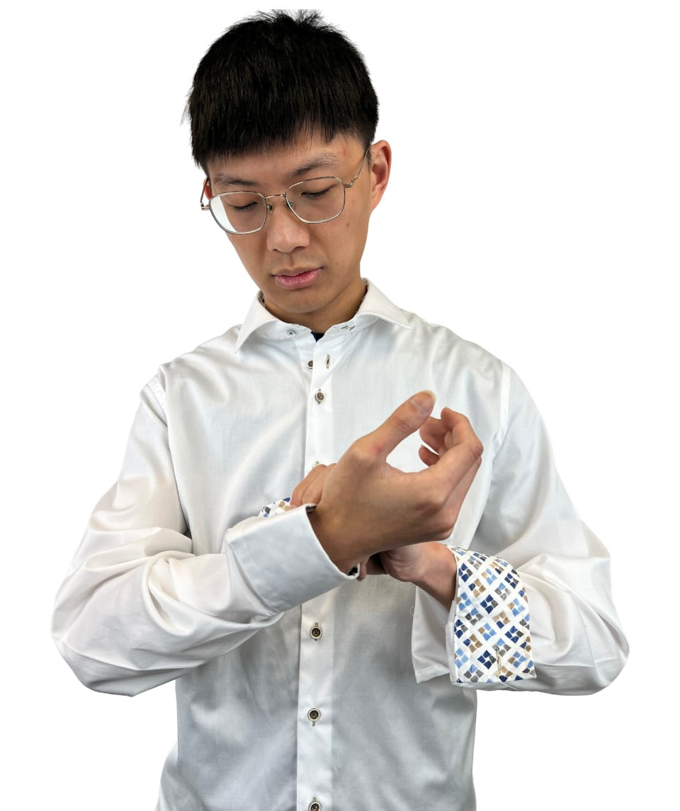 Brand Partner,R2 Amsterdam, R2 Amsterdam White 100% Organic Cotton Long Sleeve Shirt with Cup Print Contrast, White, Small-41-Tag39Extra Extra Large-54-Tag46