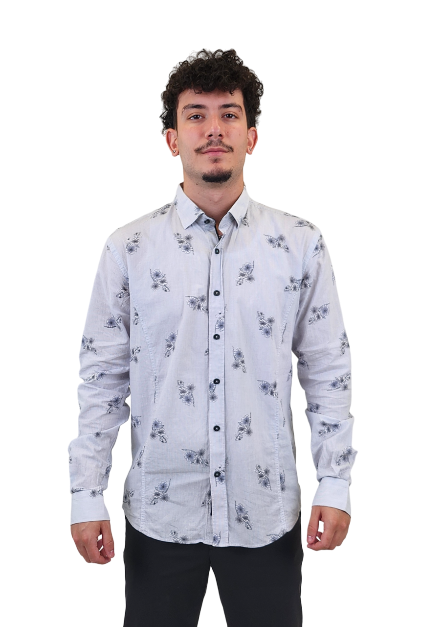 Faire,Eight X, Eight X Light Grey Vertically Striped Floral Print Slim Fit Long Sleeve Button Up Shirt, Grey, Medium-43-TagL