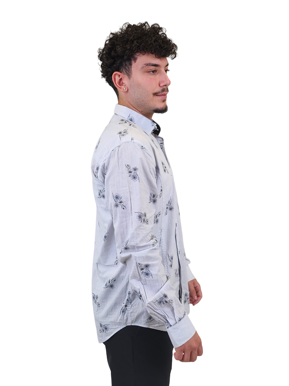 Faire,Eight X, Eight X Light Grey Vertically Striped Floral Print Slim Fit Long Sleeve Button Up Shirt, Grey, Medium-43-TagL