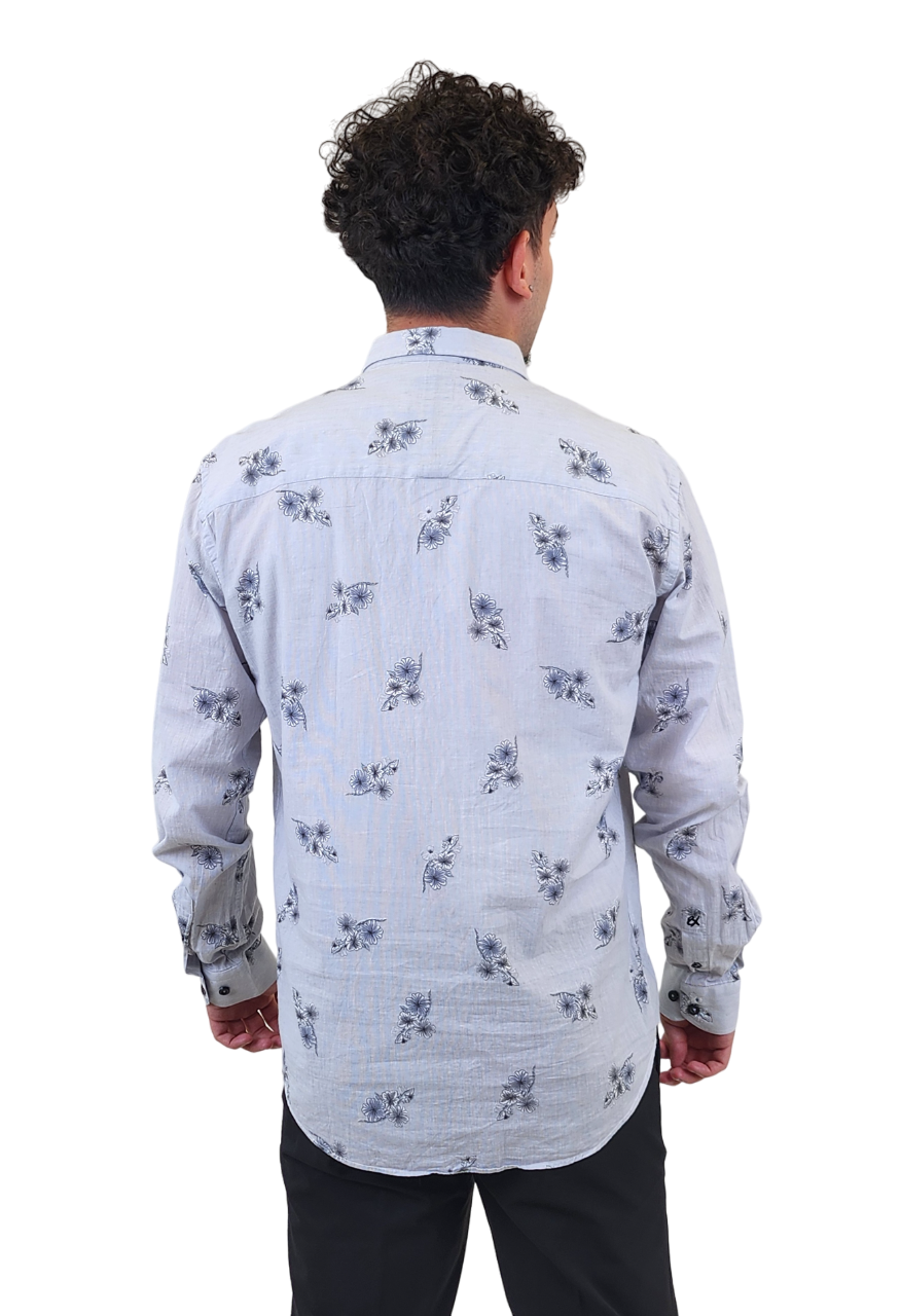 Faire,Eight X, Eight X Light Grey Vertically Striped Floral Print Slim Fit Long Sleeve Button Up Shirt, Grey, Medium-43-TagL
