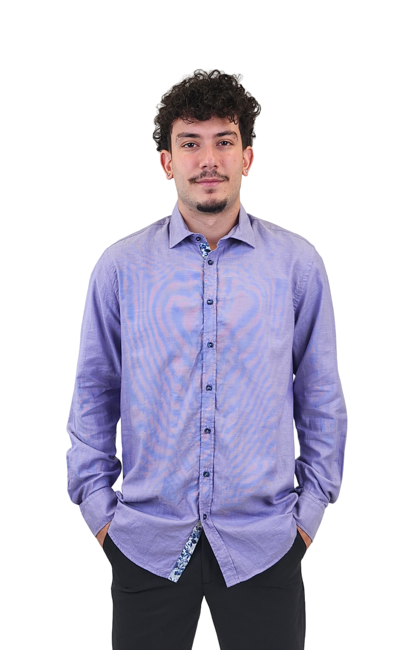 RealReal,Sand, Sand Purple Floral Placket Detail Long Sleeve Dress Shirt with Floral Contrast, Purple, Large-45-Tag42