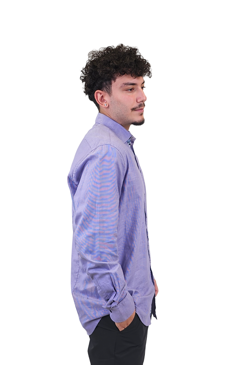 RealReal,Sand, Sand Purple Floral Placket Detail Long Sleeve Dress Shirt with Floral Contrast, Purple, Large-45-Tag42