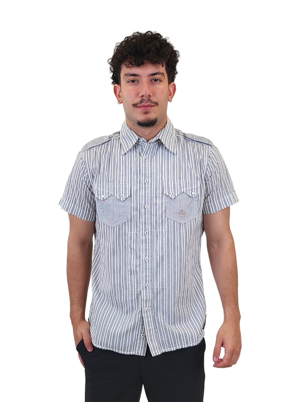 The RealReal,Diesel, Diesel White Stripe Short Sleeve Button Up Shirt, White, Large-46-TagL