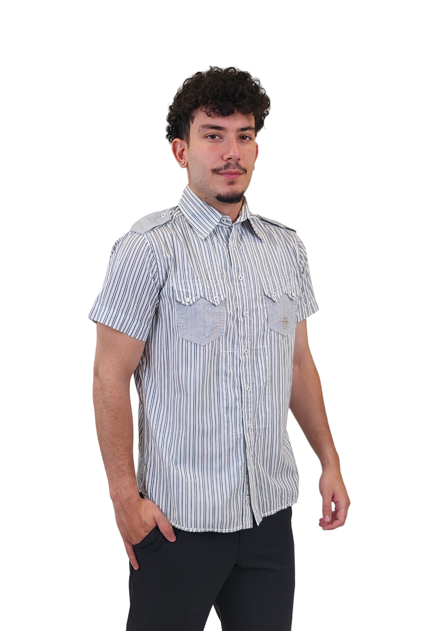 The RealReal,Diesel, Diesel White Stripe Short Sleeve Button Up Shirt, White, Large-46-TagL