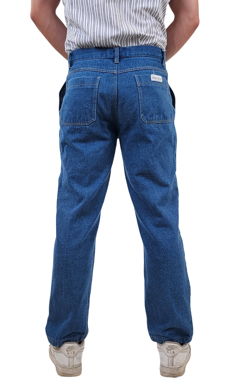 Brand Partner,Sons+Fathers, Sons + Fathers Medium Wash Relaxed Blue Denim Jeans With Light Brown Stitching, Blue, 31W-30L-Tag30