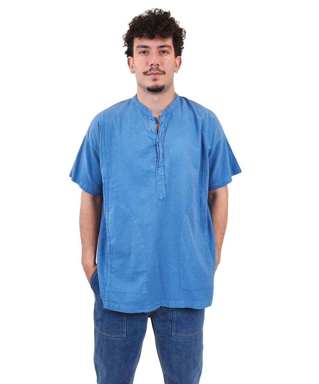 Brand Partner,Shixi, Shixi Light Blue Linen Short Sleeve Tunic, Blue, Extra Large-51-TagXLLarge-46-TagL