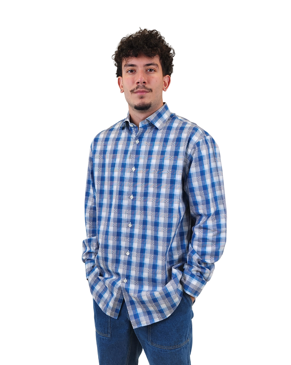 RealReal,Neiman Marcus, Neiman Marcus Blue Plaid Print Cutaway Collar Long Sleeve Dress Shirt, Blue, Large-47-TagL