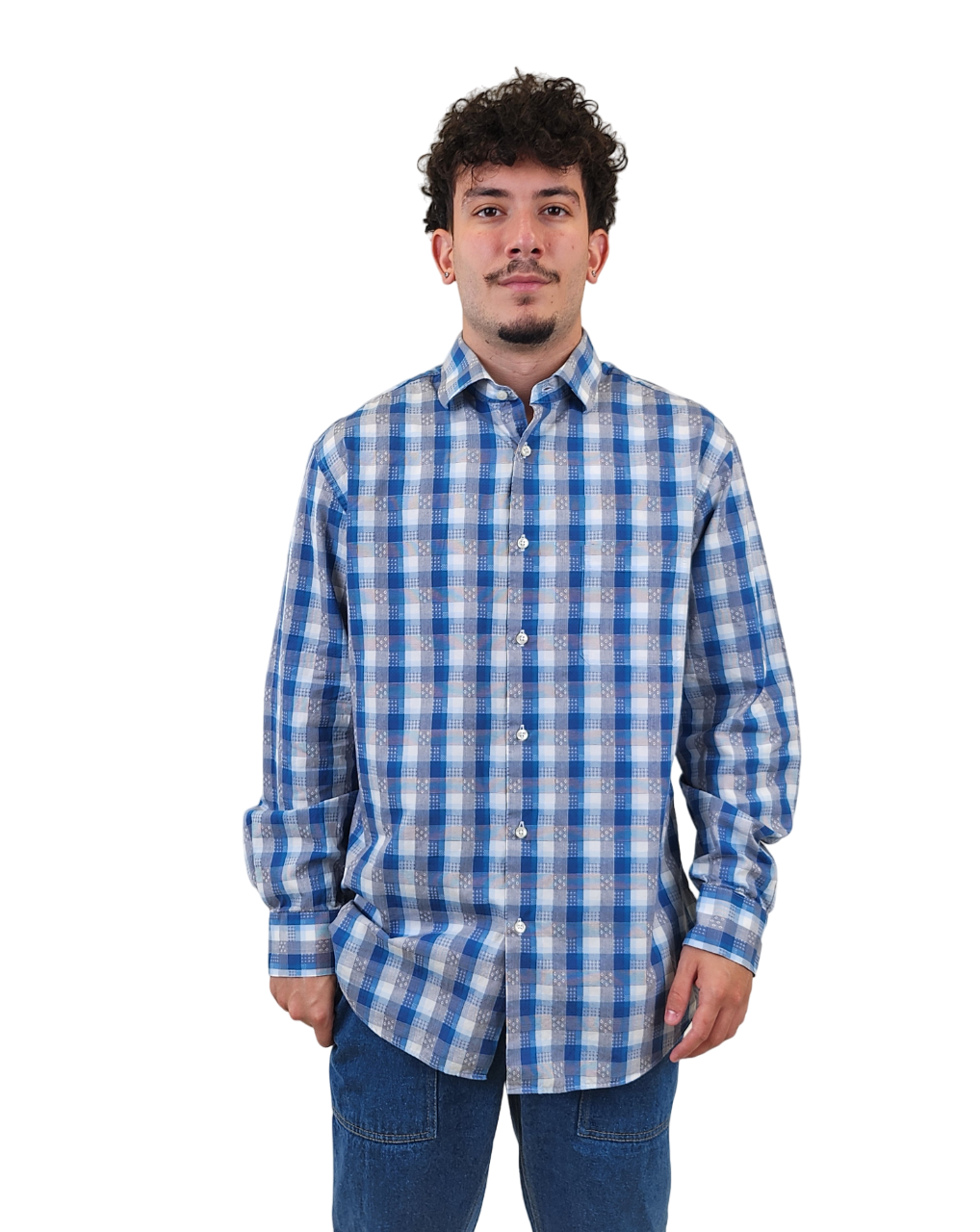 RealReal,Neiman Marcus, Neiman Marcus Blue Plaid Print Cutaway Collar Long Sleeve Dress Shirt, Blue, Large-47-TagL