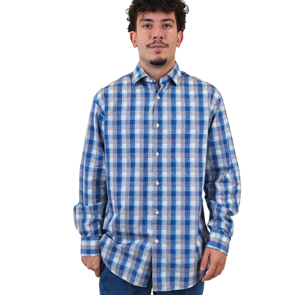 Neiman Marcus Blue Plaid Print Cutaway Collar Long Sleeve Dress Shirt –  Taelor.Style
