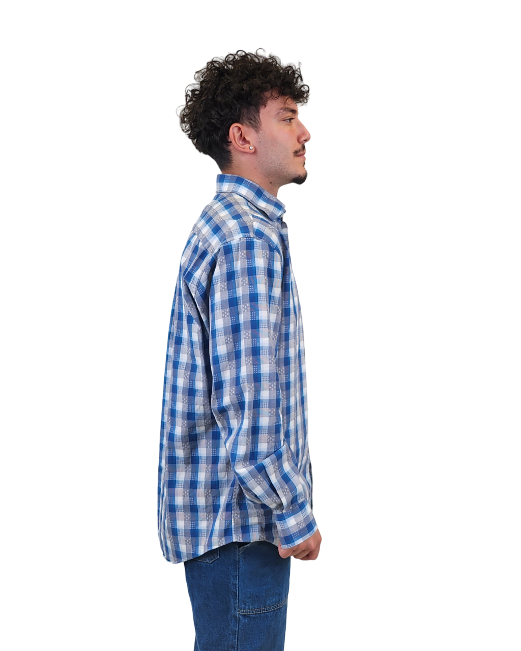 RealReal,Neiman Marcus, Neiman Marcus Blue Plaid Print Cutaway Collar Long Sleeve Dress Shirt, Blue, Large-47-TagL