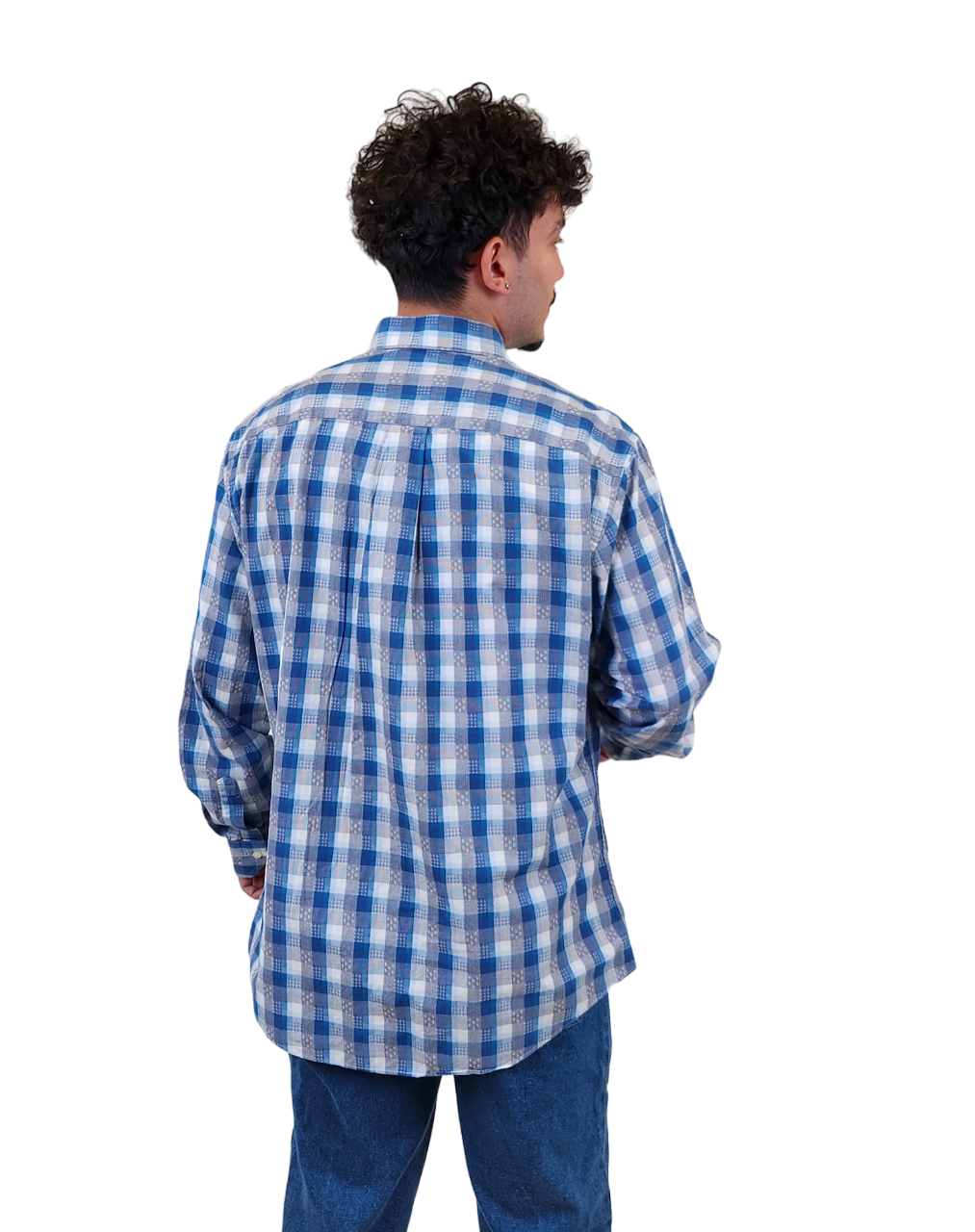 RealReal,Neiman Marcus, Neiman Marcus Blue Plaid Print Cutaway Collar Long Sleeve Dress Shirt, Blue, Large-47-TagL