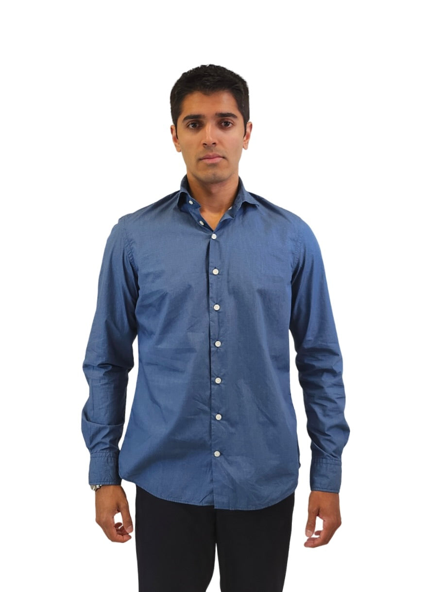 Brand Partner,R2 Amsterdam, R2 Amsterdam Blue Geo Print Poplin Long Sleeve Button Up Shirt, Blue, Medium-42-Tag40