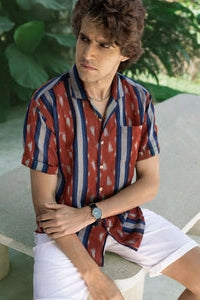 Faire,Pali, Pali Rust/Blue Striped Cuban Collar Handwoven Ikat Shirt, Red, Large-44-TagL