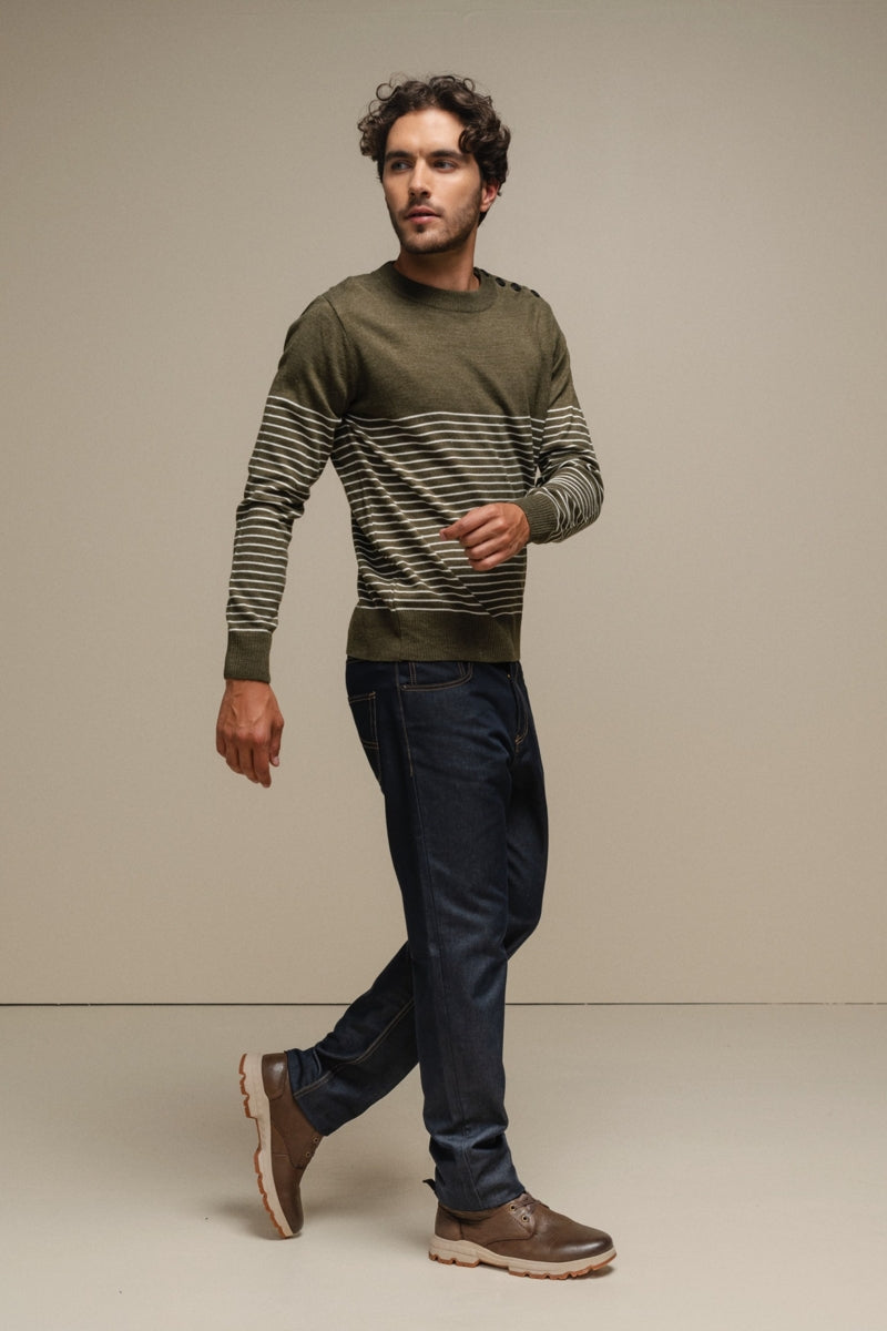 Faire,SMF, SMF Olive Striped Knit Sweater with Shoulder Button Detail, Green, Small-40-TagMMedium-42-TagLLarge-44-TagXLExtra Large-46-TagXXL