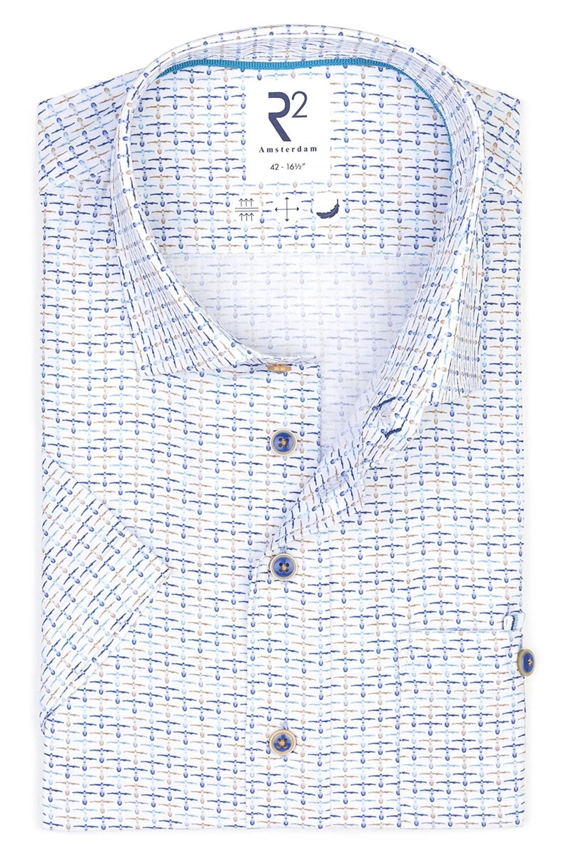 Direct From Brand,R2 Amsterdam, R2 Amsterdam Blue/Beige/White Abstract Line Print Shirt, Blue, Medium-44-Tag41Extra Large-48-Tag43Extra Extra Large-50-Tag44Large-46-Tag42