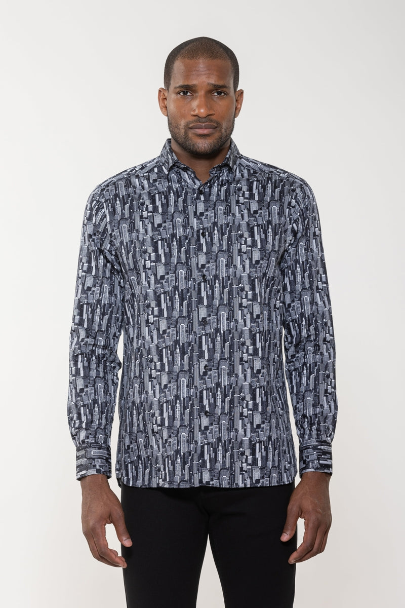 Wholesale,Luchiano Visconti, Luchiano Visconti Black City Scape Printed Shirt, Black, Extra Large-50-TagXL