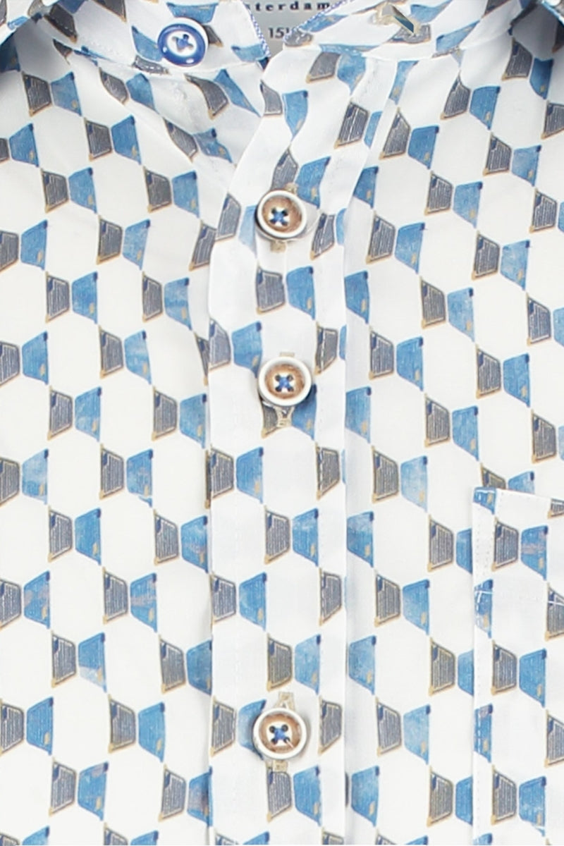 Direct From Brand,R2 Amsterdam, R2 Amsterdam White/Blue Door Print Short Sleeve Button Up Shirt, White, Small-41-Tag38