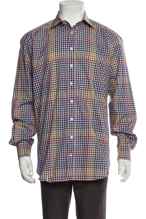 Etro Tan Multi Plaid Print Long Sleeve Dress Shirt