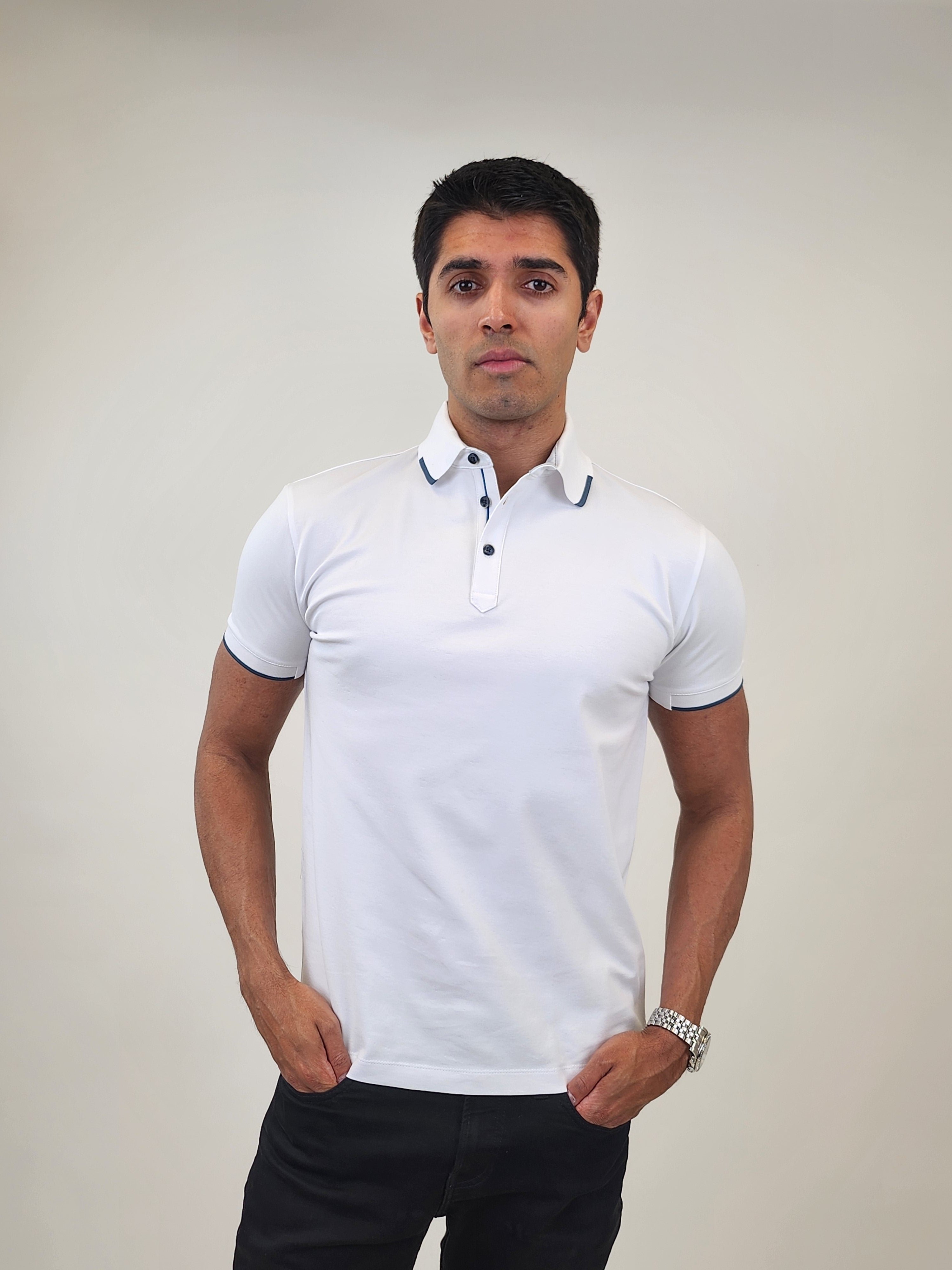 Brand Partner,R2 Amsterdam, R2 Amsterdam White Polo with Blue Contrast, White, Medium-40-TagM
