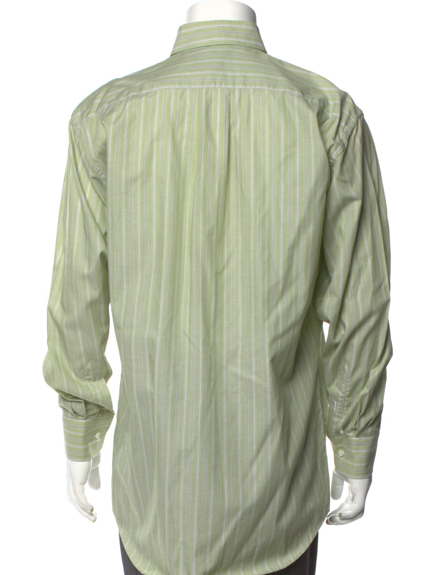 RealReal,Luciano Barbera, Luciano Barbera Green Stripped Long Sleeve Dress Shirt with One-Button Rounded Cuffs, Green, Extra Large-48-Tag39
