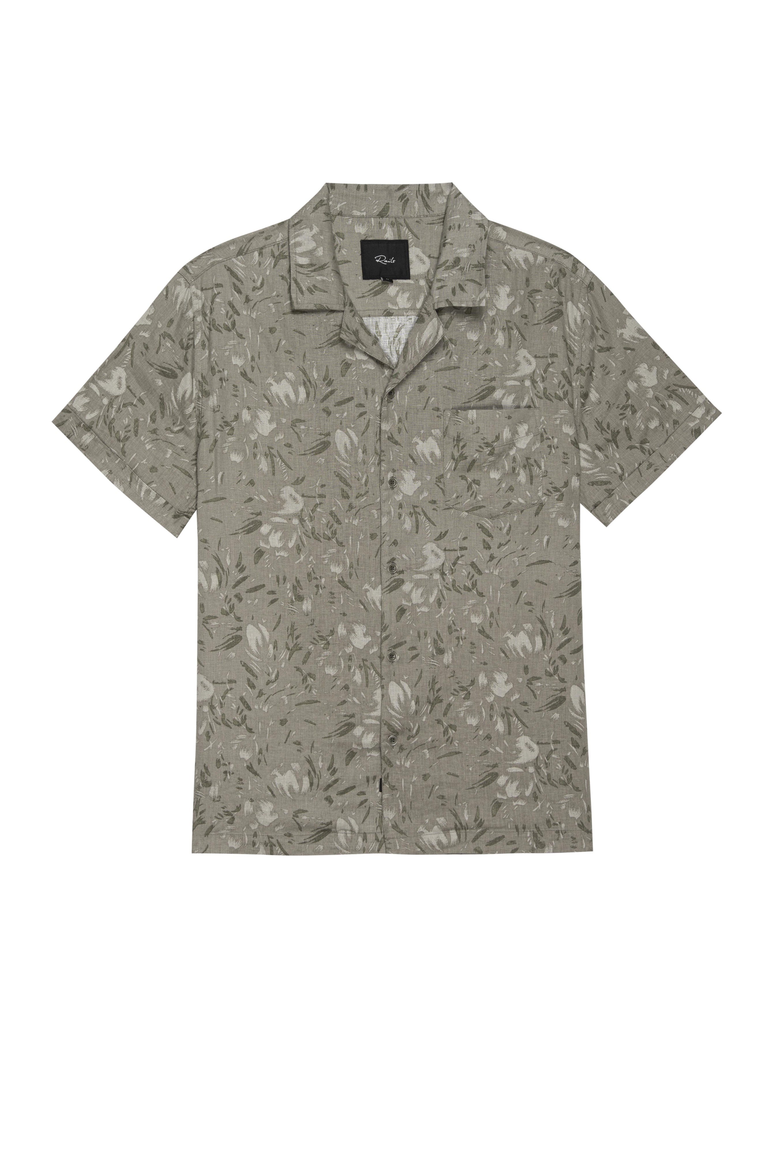 Wholesale,Rails, Rails Tan/Dark Olive Brush Floral Tinder Print Short Sleeve Shirt, Tan, Small-42-TagSLarge-46-TagLMedium-44-TagMExtra Large-48-TagXLExtra Extra Large-52-TagXXL