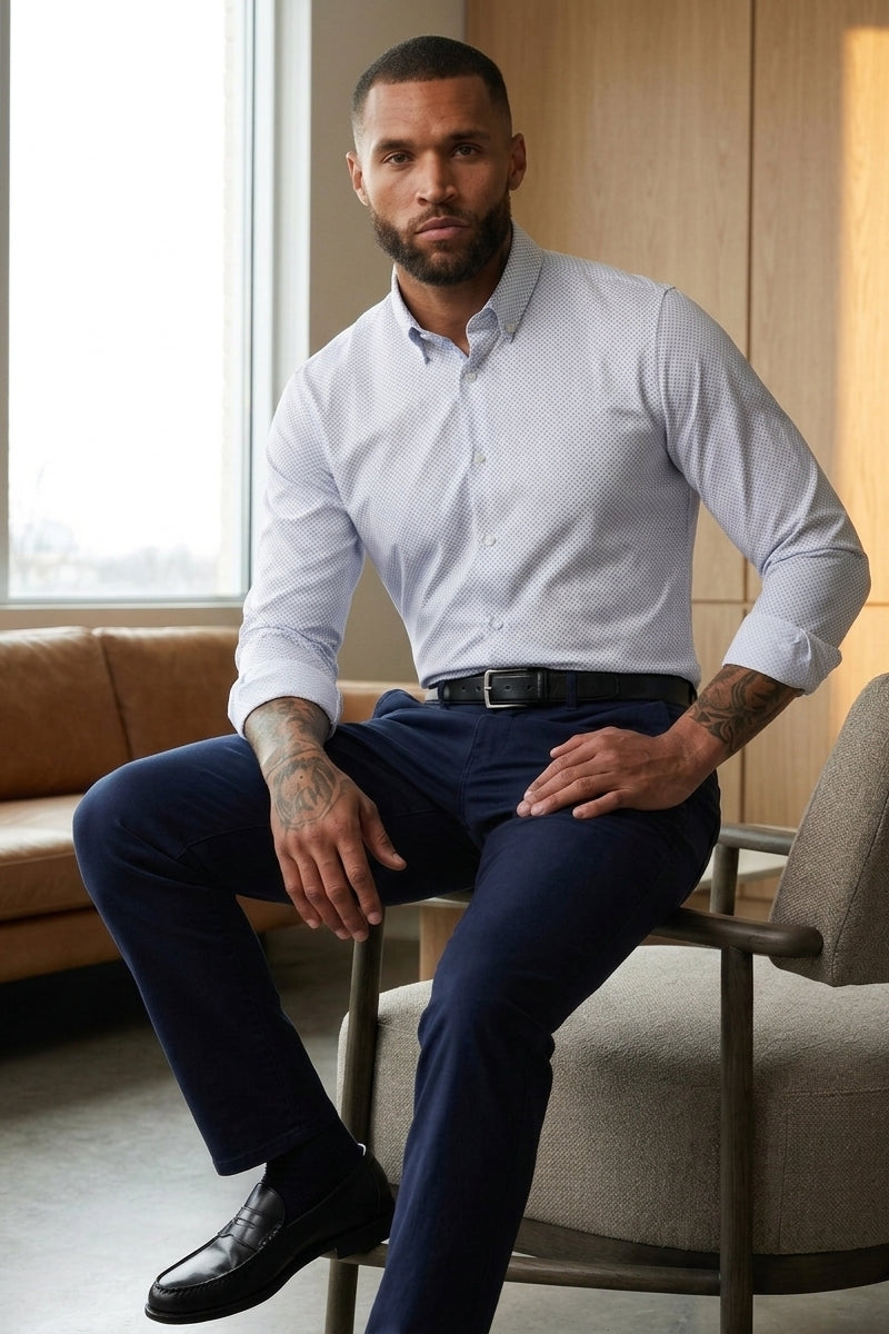 Wholesale,Mizzen + Main, Mizzen + Main White with Blue Plus Print Trim Dress Shirt, White, Large-46-TagL
