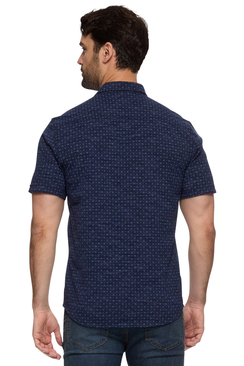 Wholesale,Flag & Anthem, Flag & Anthem Navy Heather Geo Print Knit Performance Shirt, Blue, Small-41-TagSMedium-43-TagMLarge-46-TagLExtra Large-50-TagXLExtra Extra Large-53-TagXXL