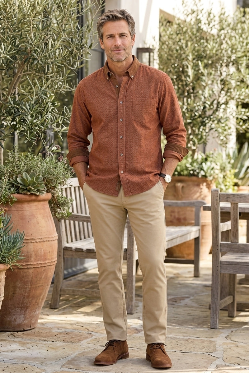 Wholesale,Johnston & Murphy, Johnston & Murphy Rust Overdyed Print Corduroy Shirt, Brown, Large-48-TagL
