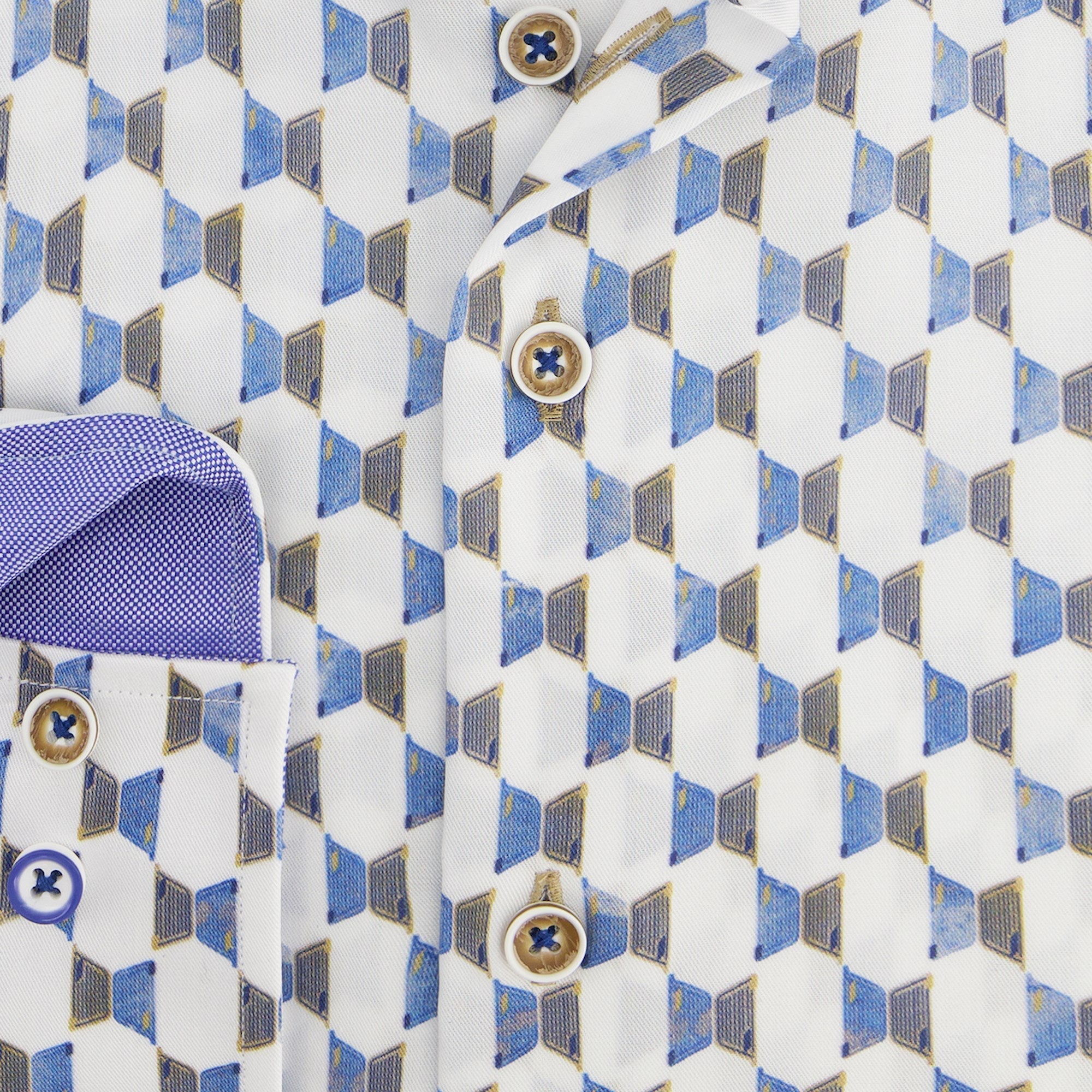 Direct From Brand,R2 Amsterdam, R2 Amsterdam White/Blue Buggy-door Print Tencel Shirt, White, Small-41-Tag39