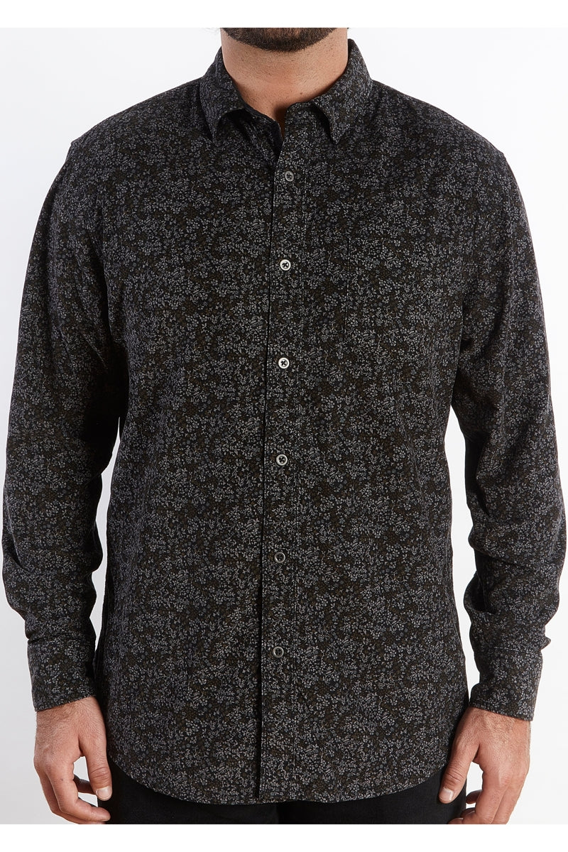 Nicoby Age of Wisdom Black Floral Print Corduroy Overdyed Shirt